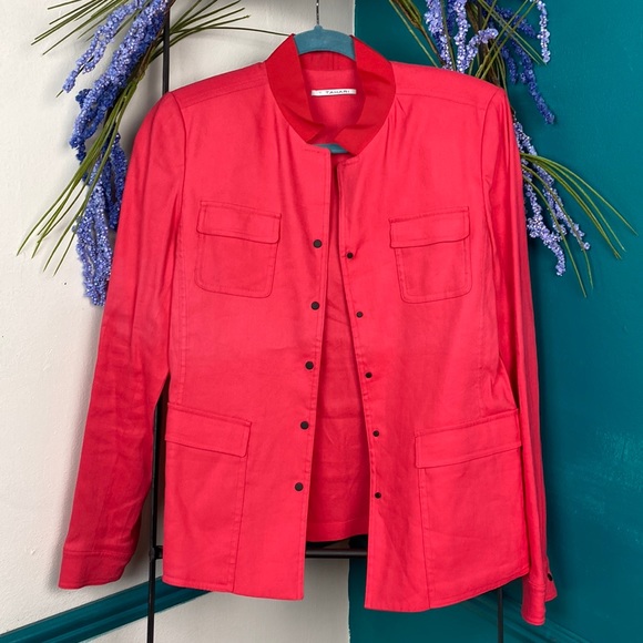 T Tahari Watermelon Nehru Neck Lightweight Snap Front Jacket
